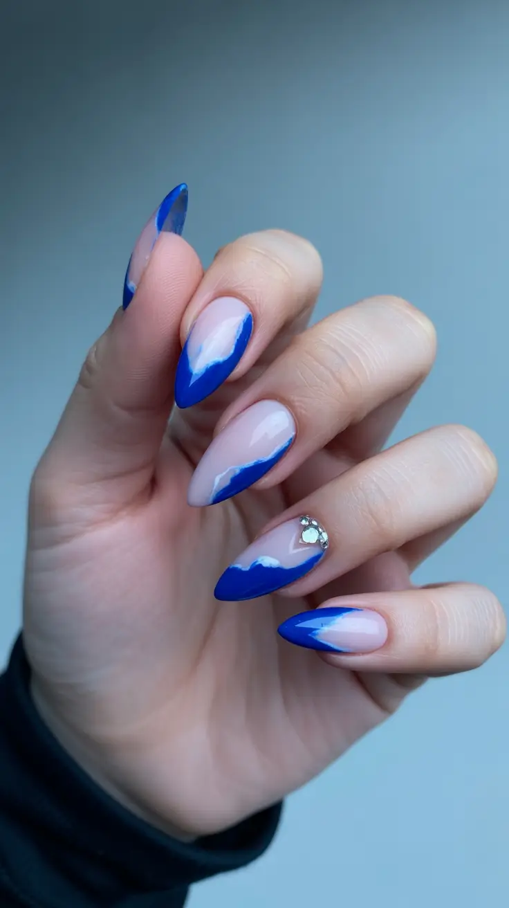 february nails 2026 Cobalt Wave Almond With Crystal Accent