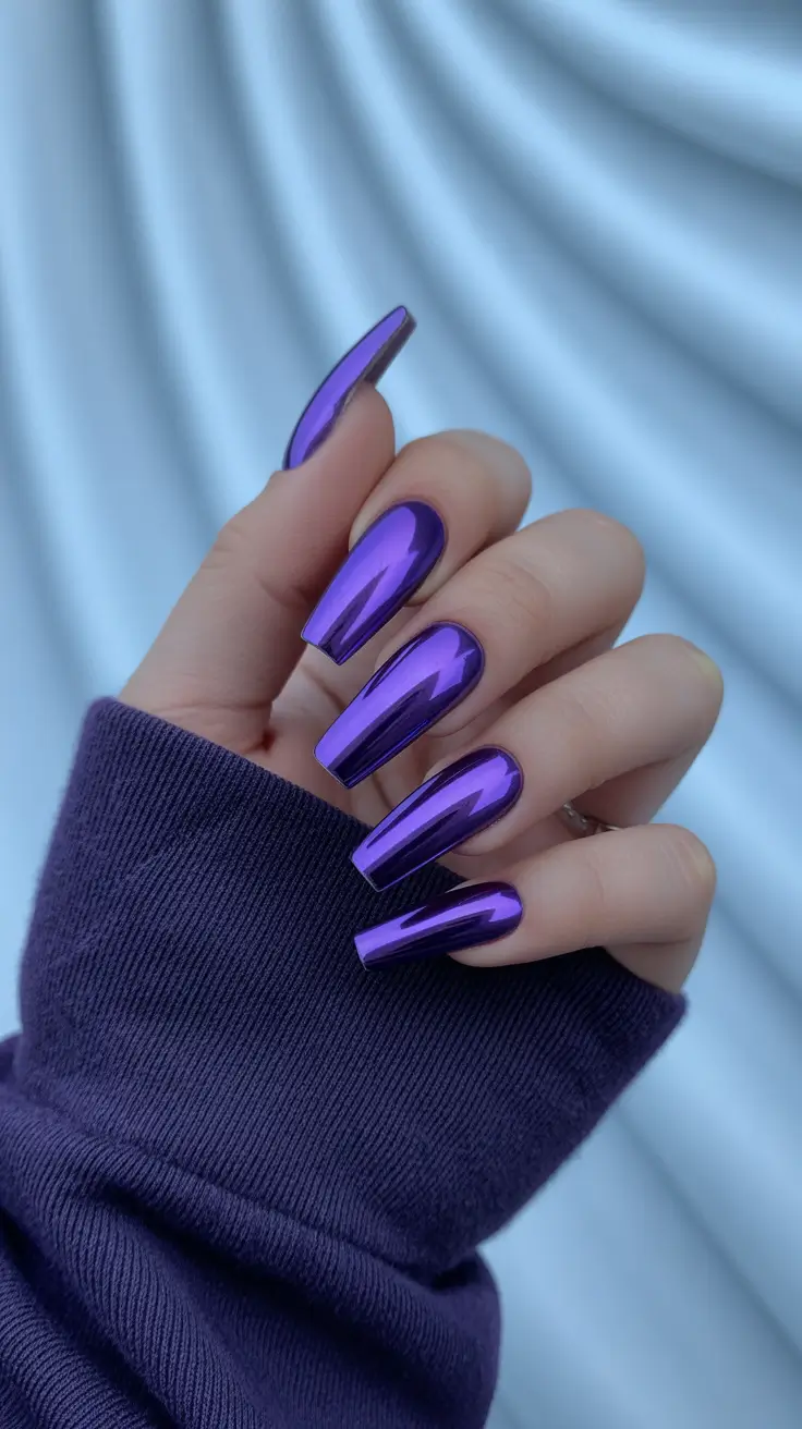 february nails 2026 Ultra Violet Mirror Coffin Glow