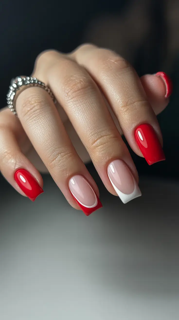 february nails 2026 Red French Square With Soft Contrast