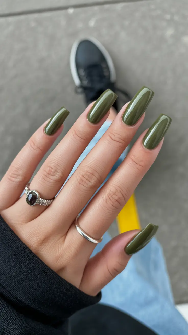 february nails 2026 Olive Square Gloss for Late-Winter Calm