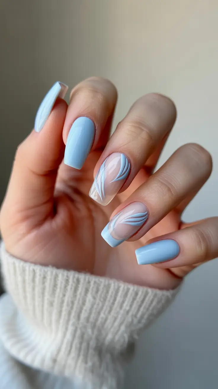 february nails 2026 Baby Blue Square With Winter-Silk Line Art