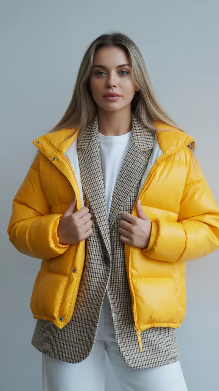 February outfits trends 2026 Yellow Puffer Layering