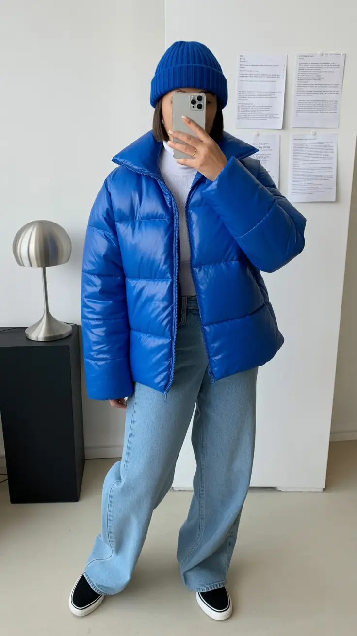 February outfits trends 2026 Bold Blue Puffers
