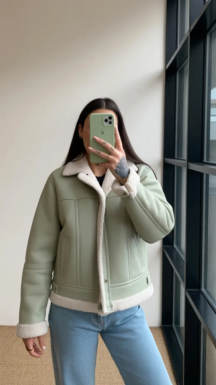 February outfits trends 2026 Sage Shearling Jacket