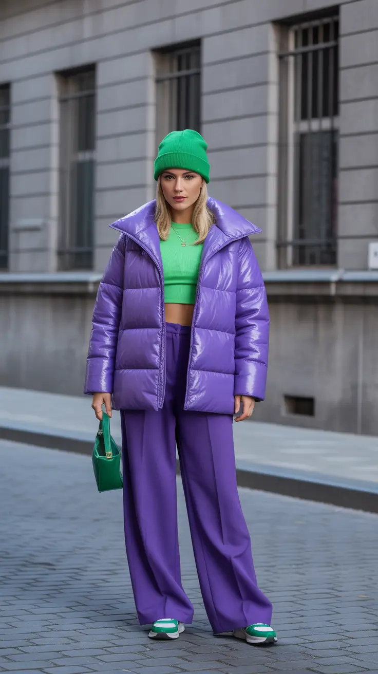 February outfits trends 2026 Vivid Purple and Green