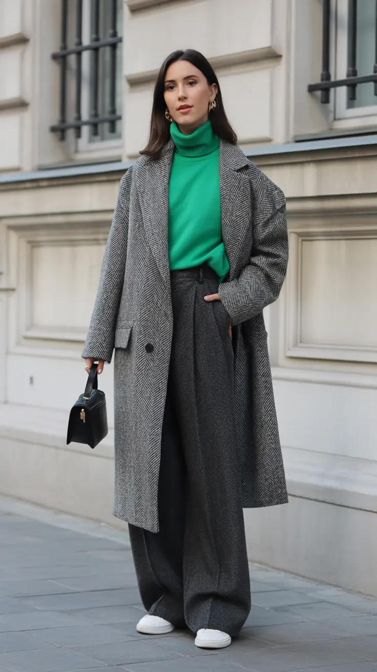 February outfits trends 2026 Grey Layers With Pop of Green