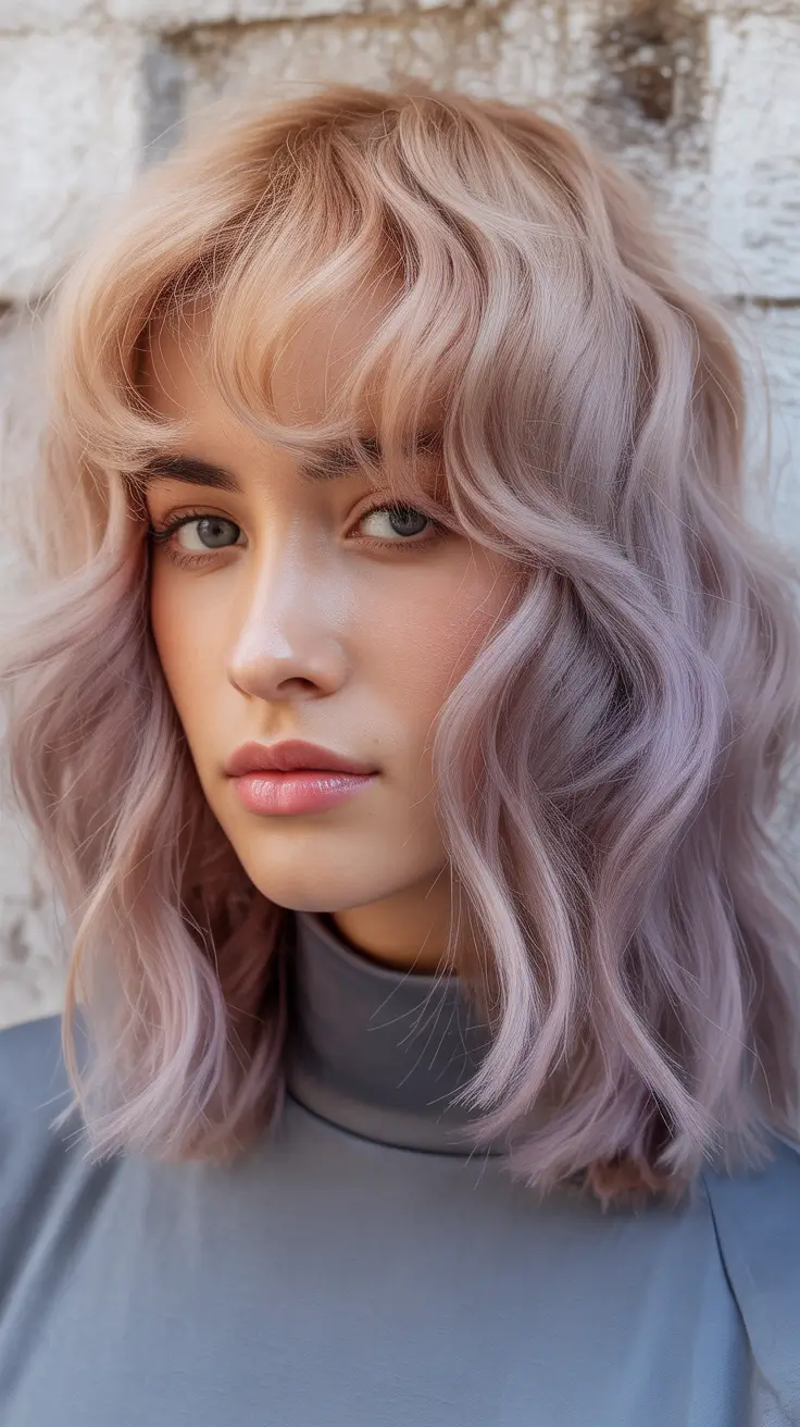 spring hair trends 2026 Pastel Lilac Waves With Feathered Bangs