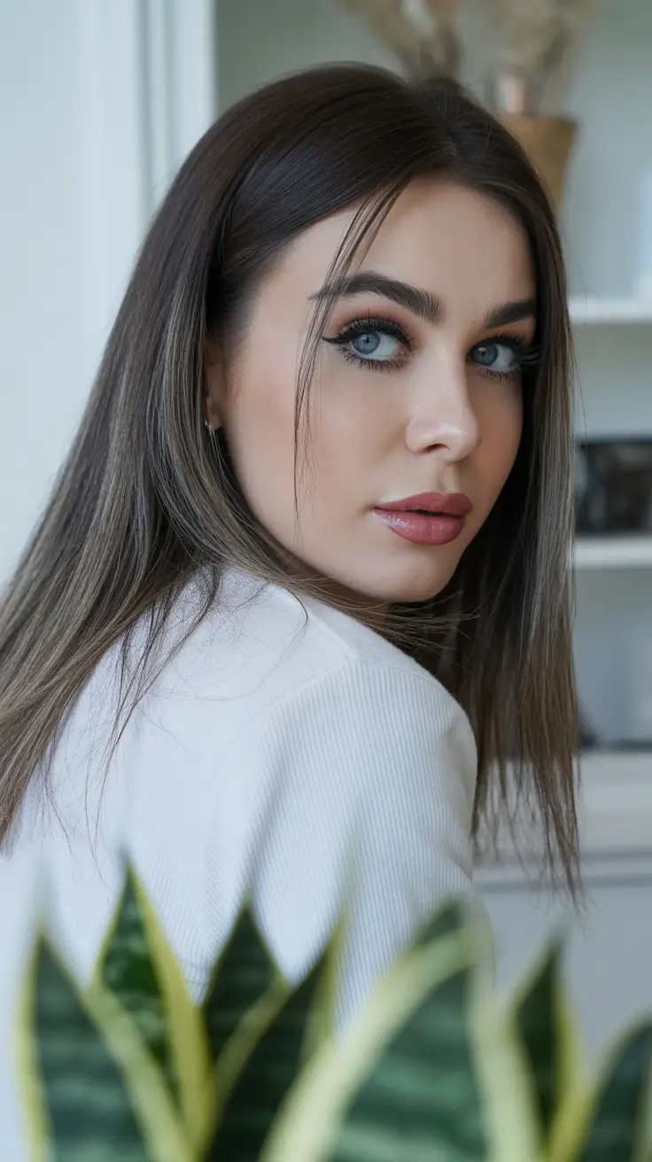 spring hair trends 2026 Sleek Espresso Length With Soft Face Veil Strands