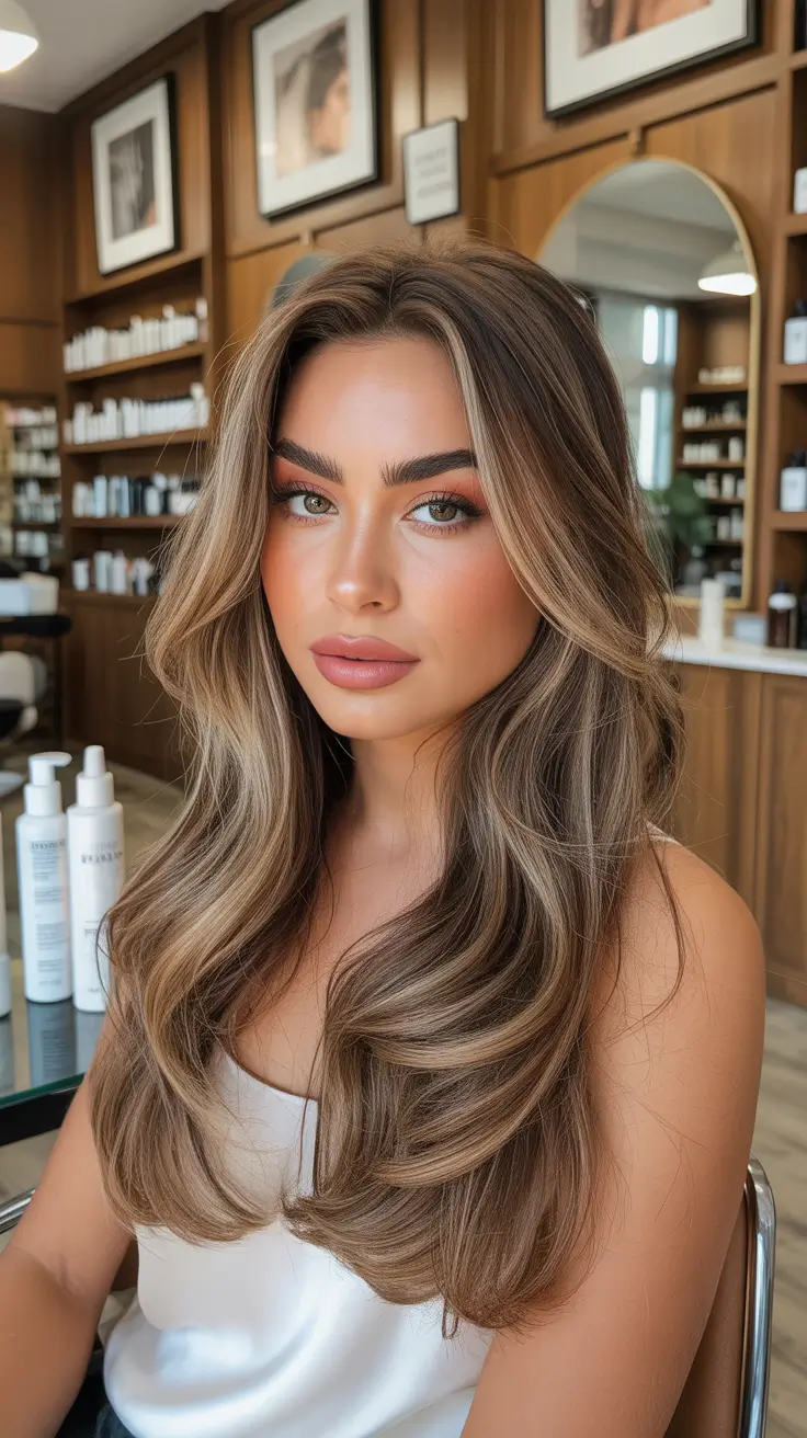 spring hair trends 2026 High-Gloss Brunette With Dimensional Ribbon Highlights