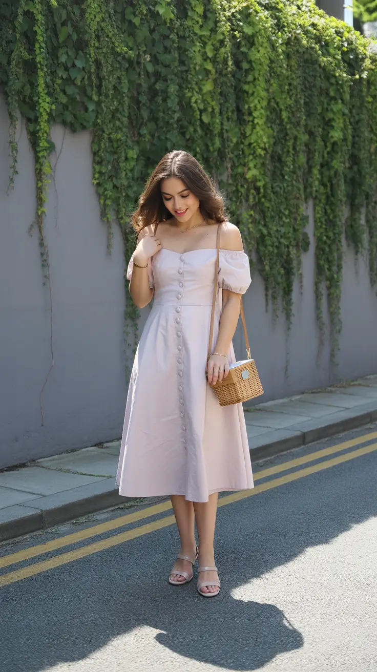 spring dress outfits 2026 Lavender Softness with an Off-Shoulder Glow