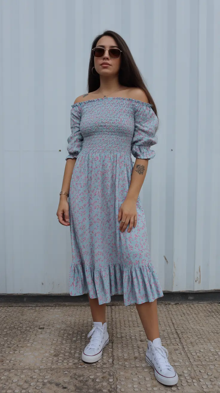 spring dress outfits 2026 Off-Shoulder Ease with Sneakers for Cool-Girl Spring Days