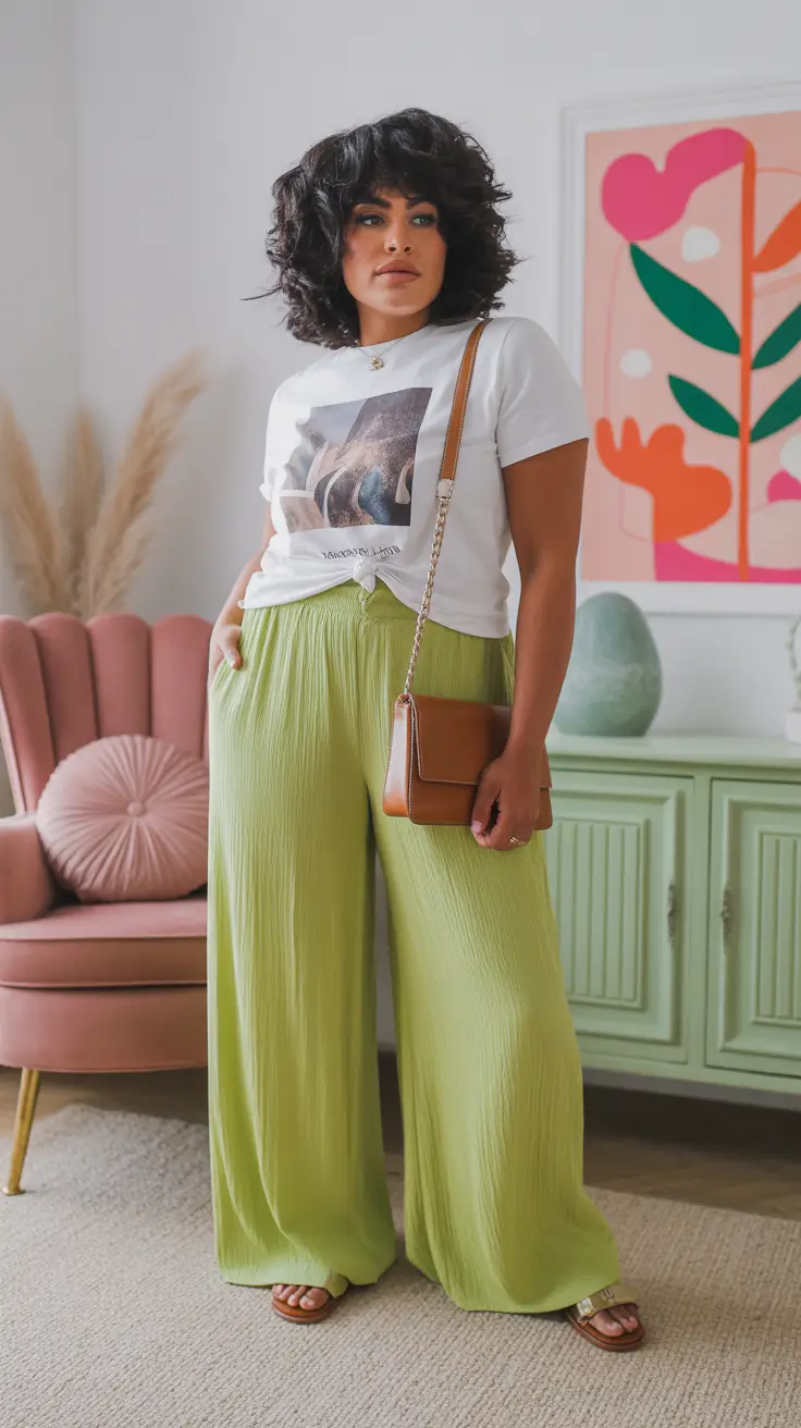 popular spring outfits 2026 trends - Graphic Tees and Flowing Lime Trousers