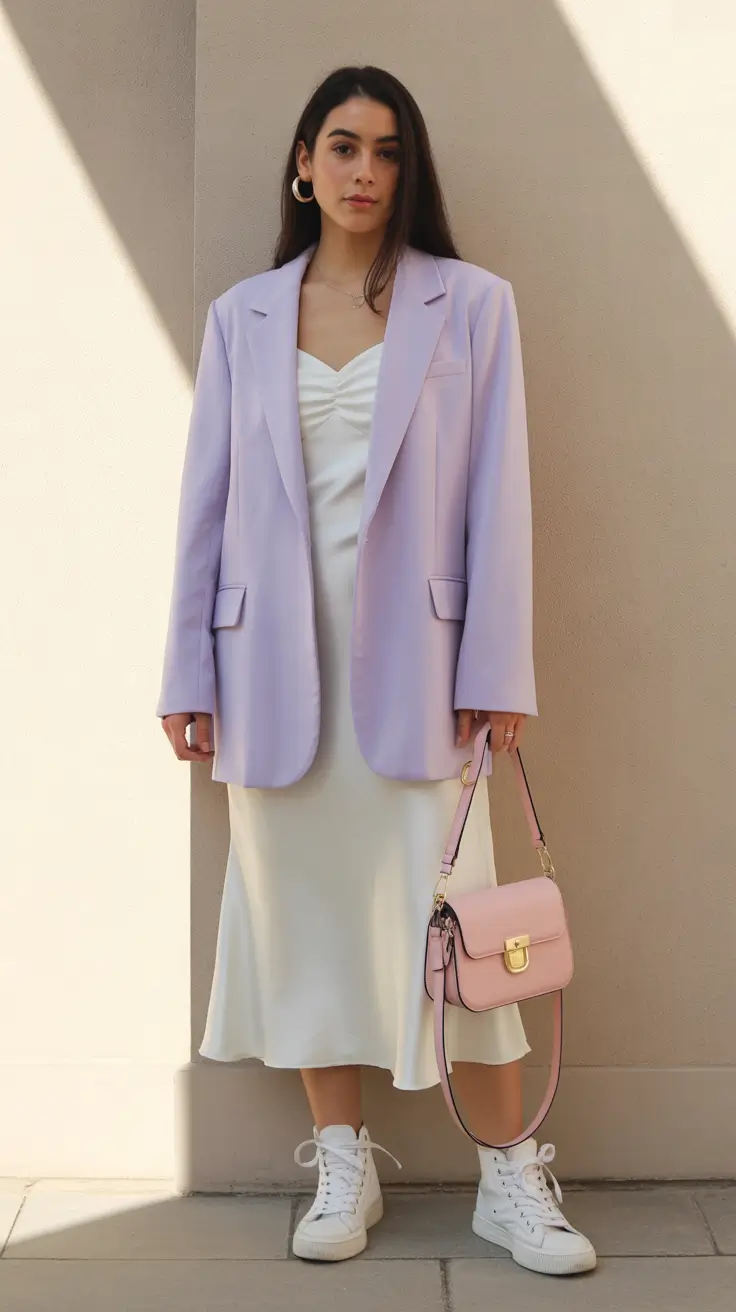 popular spring outfits 2026 trends - Lavender Tailoring with Effortless Satin