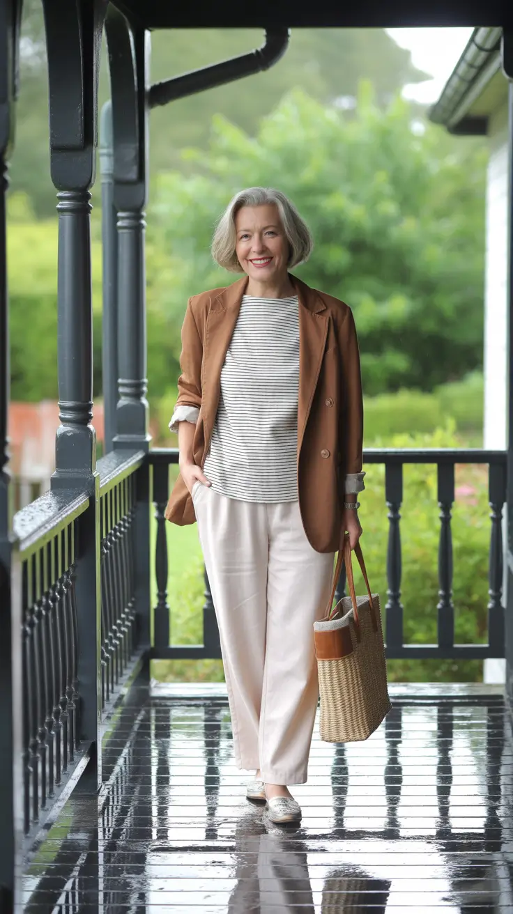 stylish spring outfits for old women 2026 Soft Stripes With Warm Camel Blazer Layers