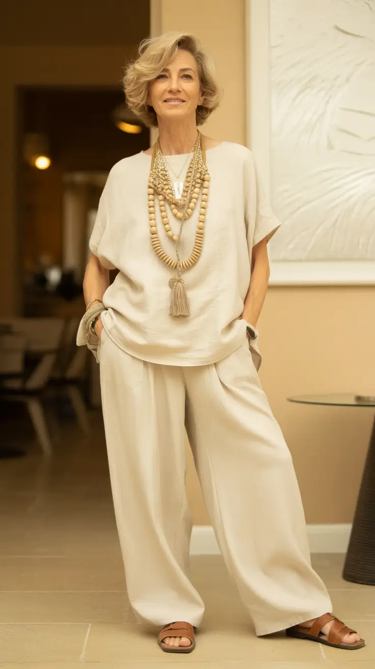 stylish spring outfits for old women 2026 Soft Neutrals With Relaxed Artistic Draping