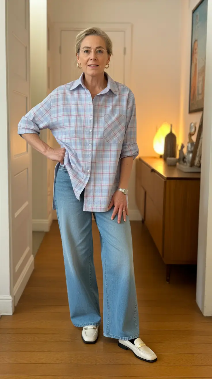 stylish spring outfits for old women 2026 Pastel Plaids and Relaxed Denim Comfort