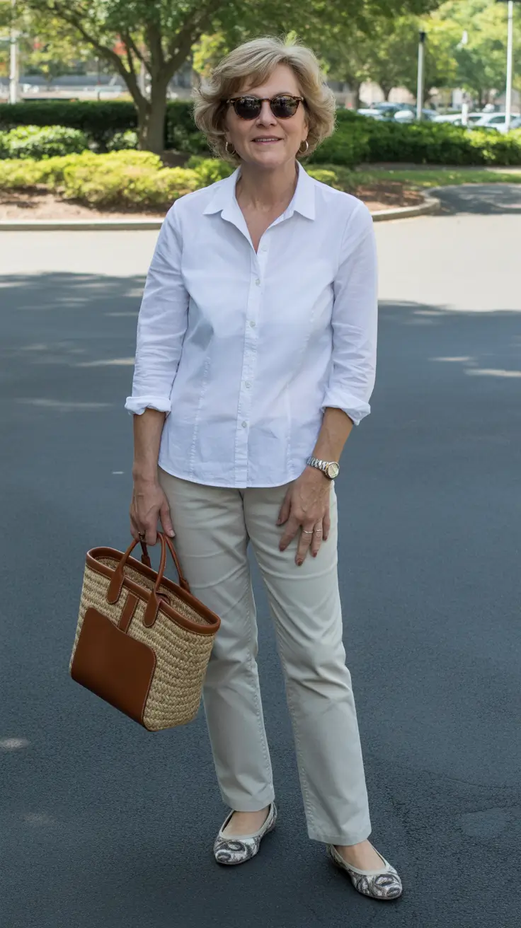 stylish spring outfits for old women 2026 Crisp White Shirt With Clean Everyday Neutrals