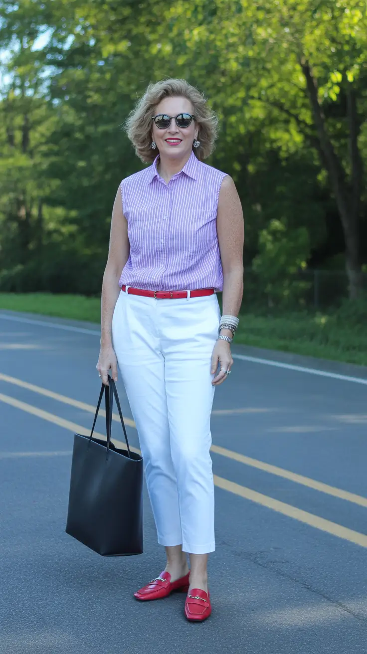 stylish spring outfits for old women 2026 Striped Sleeveless Chic With Bold Red Accents