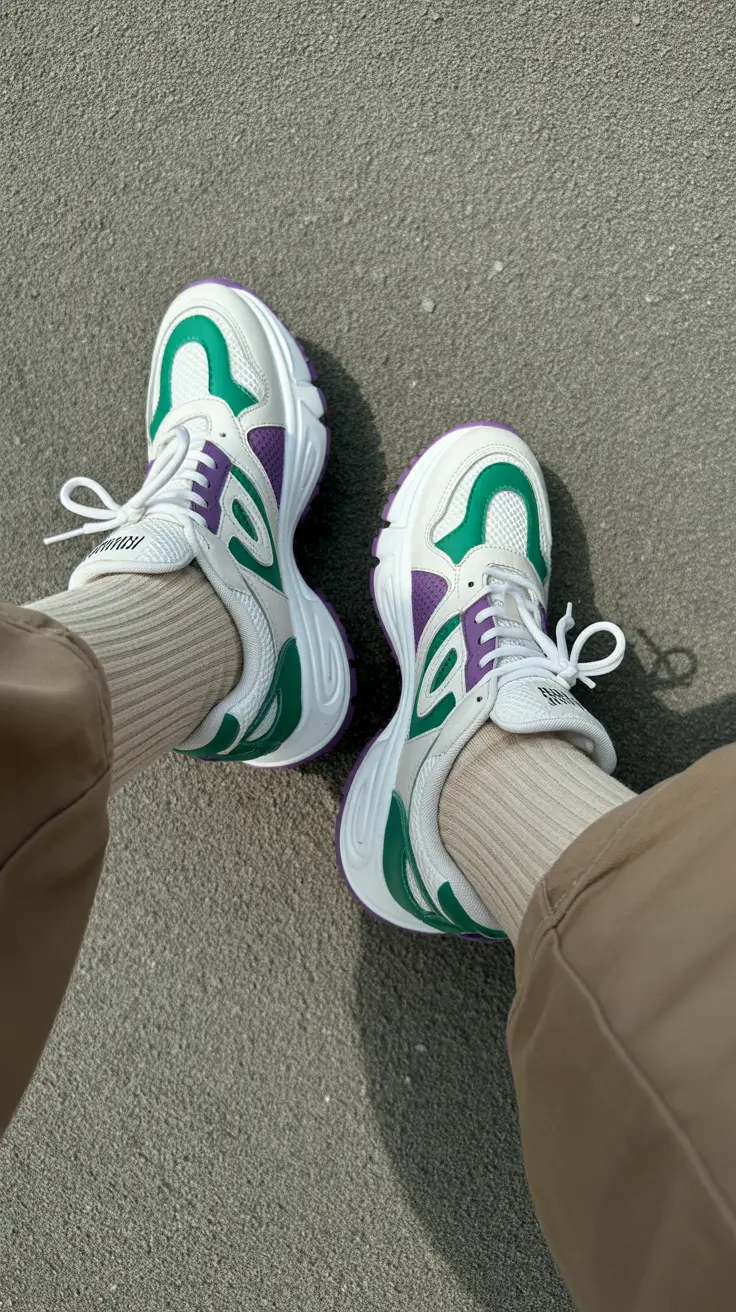 sneakers spring outfits Retro Track Style with Green-Violet Energy
