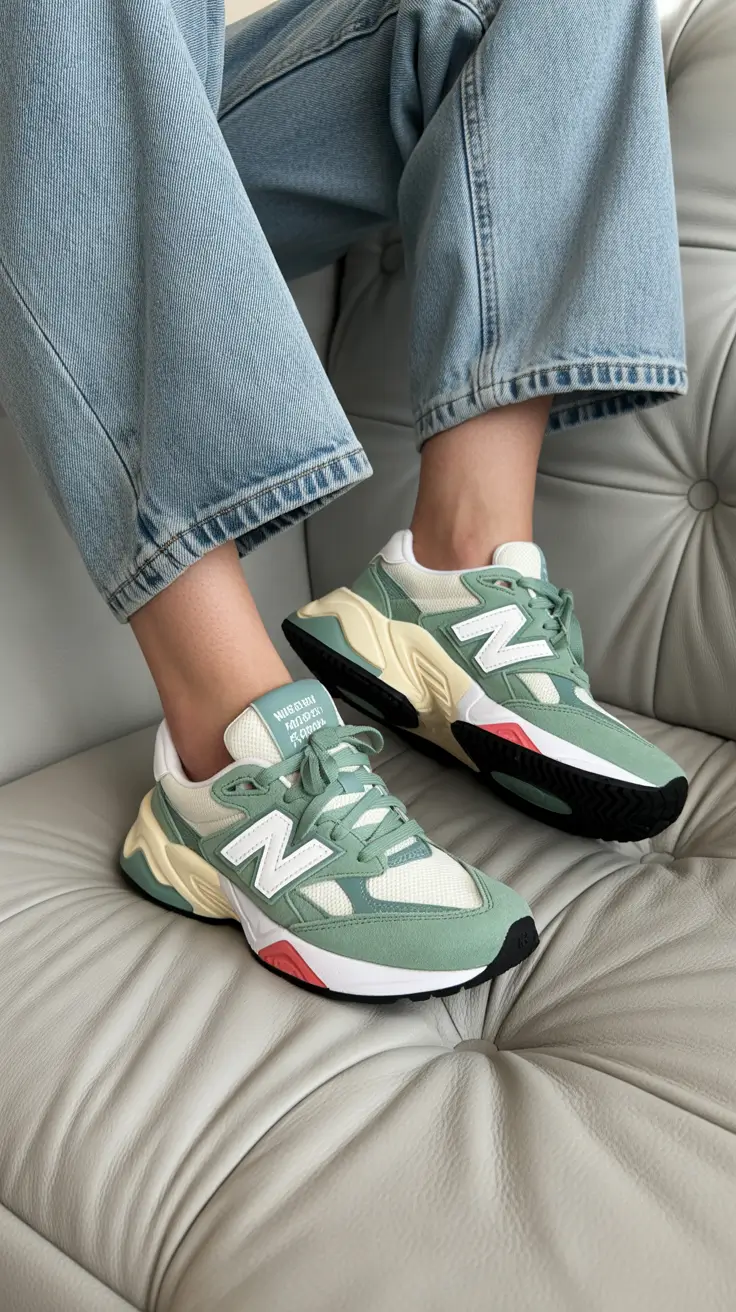 sneakers spring outfits Soft Green Geometry with Relaxed Denim Ease