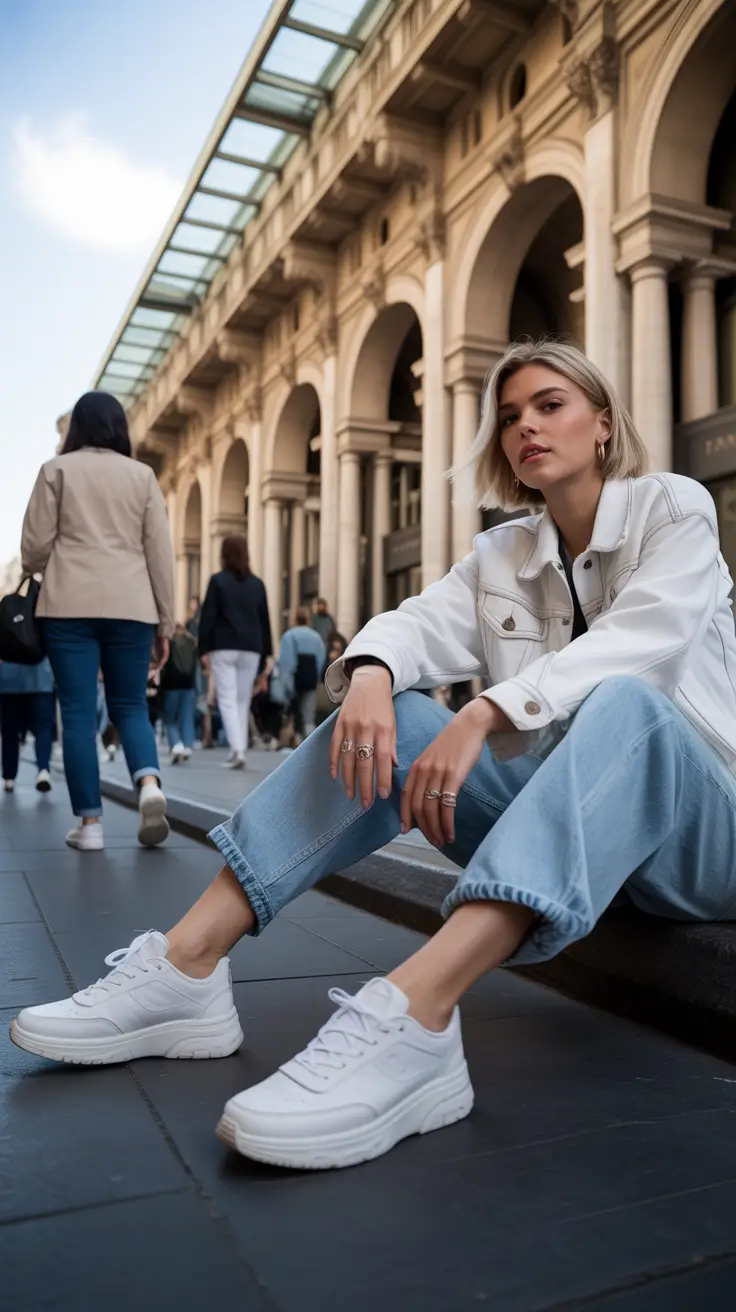 sneakers spring outfits Everyday White Layers with Urban Denim Ease