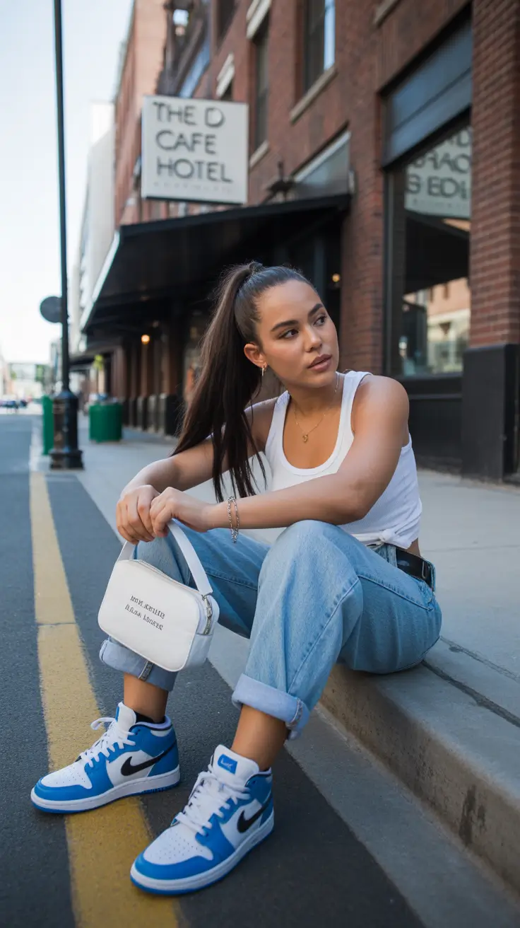 sneakers spring outfits Blue Street Style Punch with Relaxed Weekend Denim