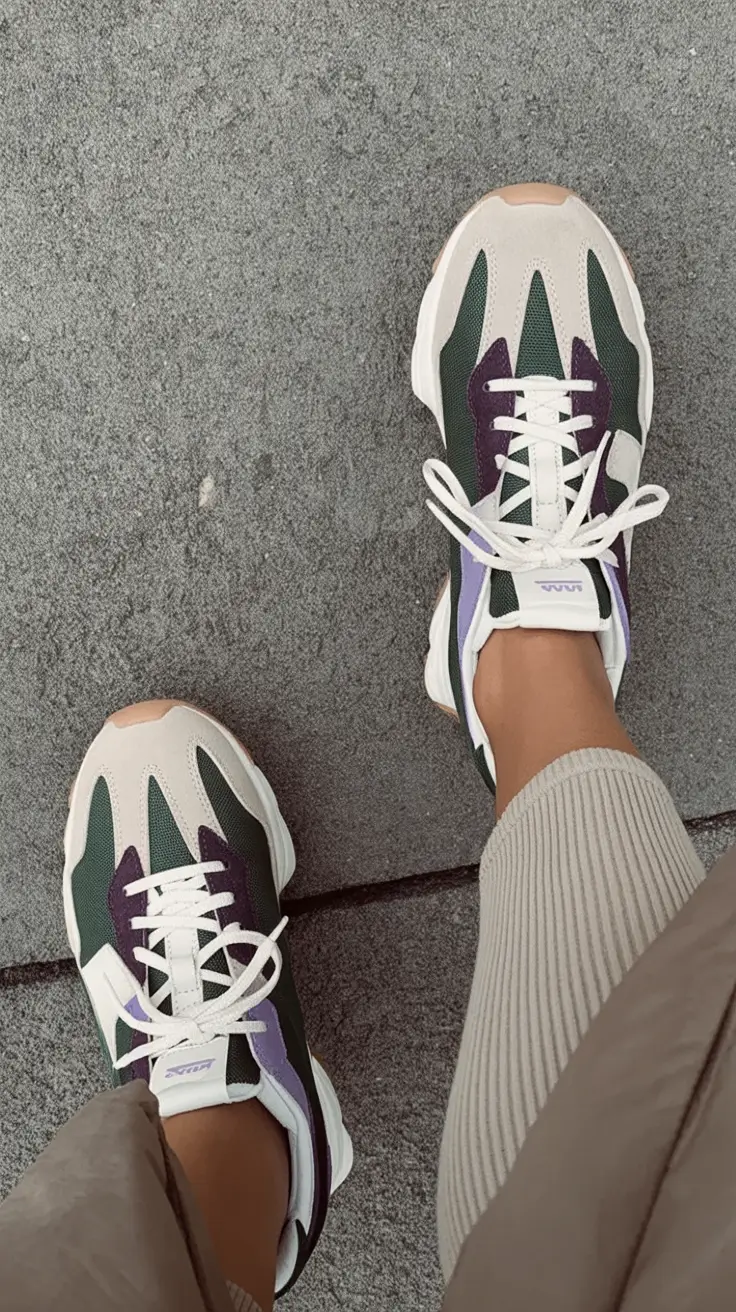 sneakers spring outfits Deep Green and Violet Layers for Bold Transitional Days