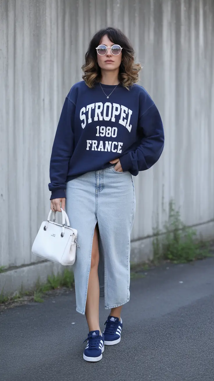 sneakers spring outfits Relaxed Denim Skirt Charm with Classic Navy Sneakers