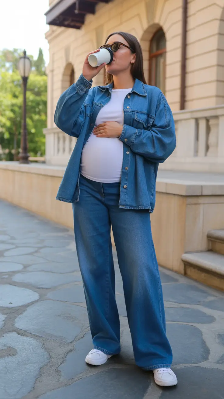 top spring outfit for pregnant women 2026 Denim-on-Denim Comfort