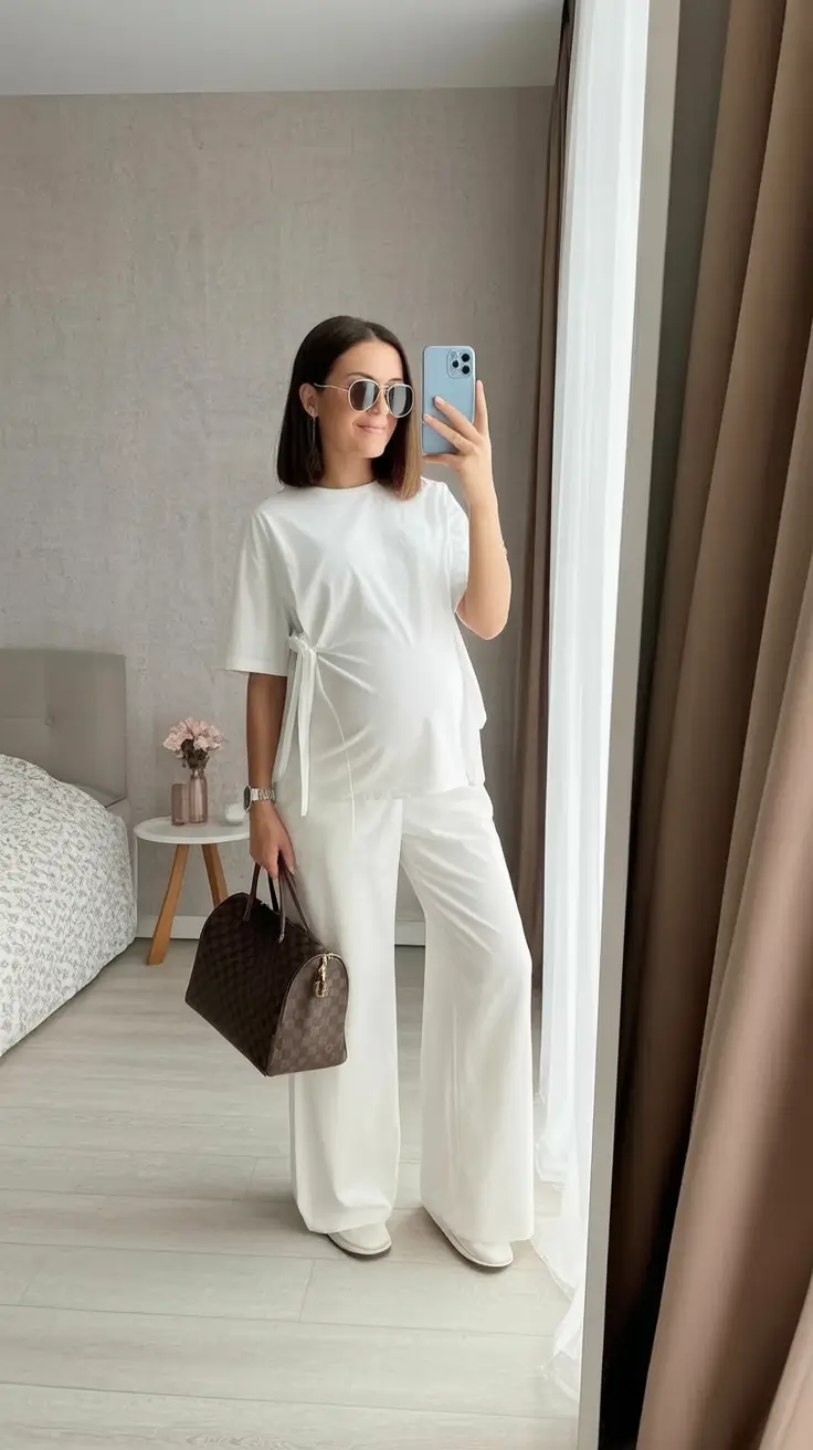 top spring outfit for pregnant women 2026 All-White Soft Elegance