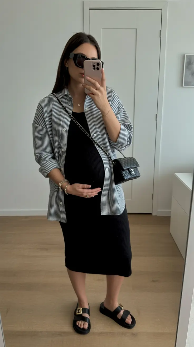 top spring outfit for pregnant women 2026 Striped Classic Layers
