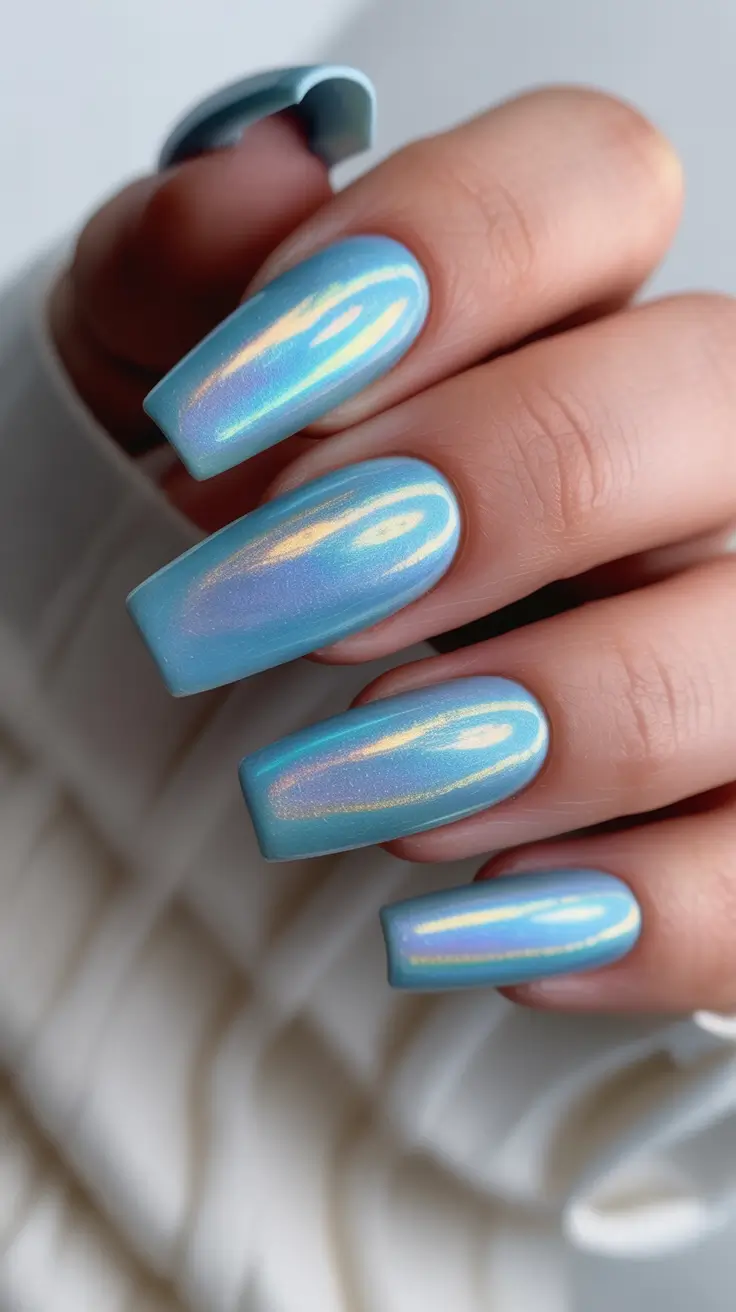chrome spring nails 2026 Sky Blue Iridescent Chrome Square