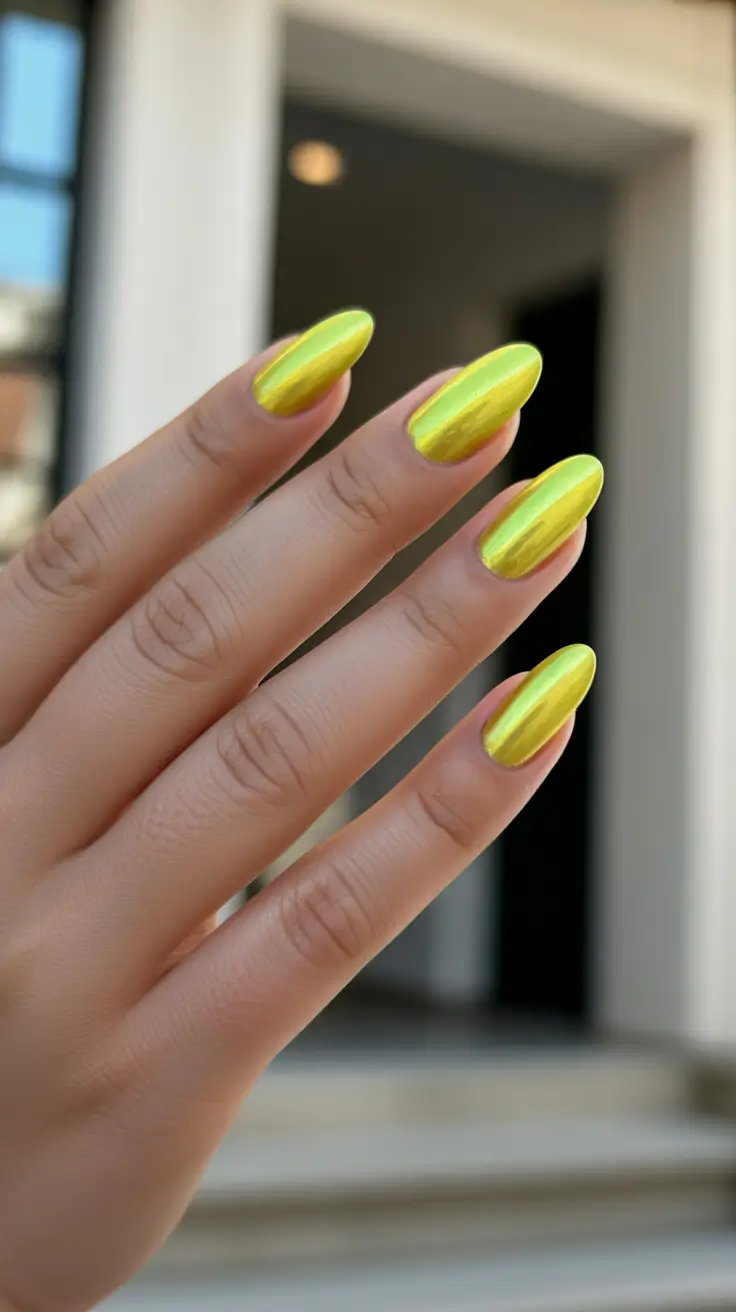 chrome spring nails 2026 Lime Yellow Chrome Almond Bright