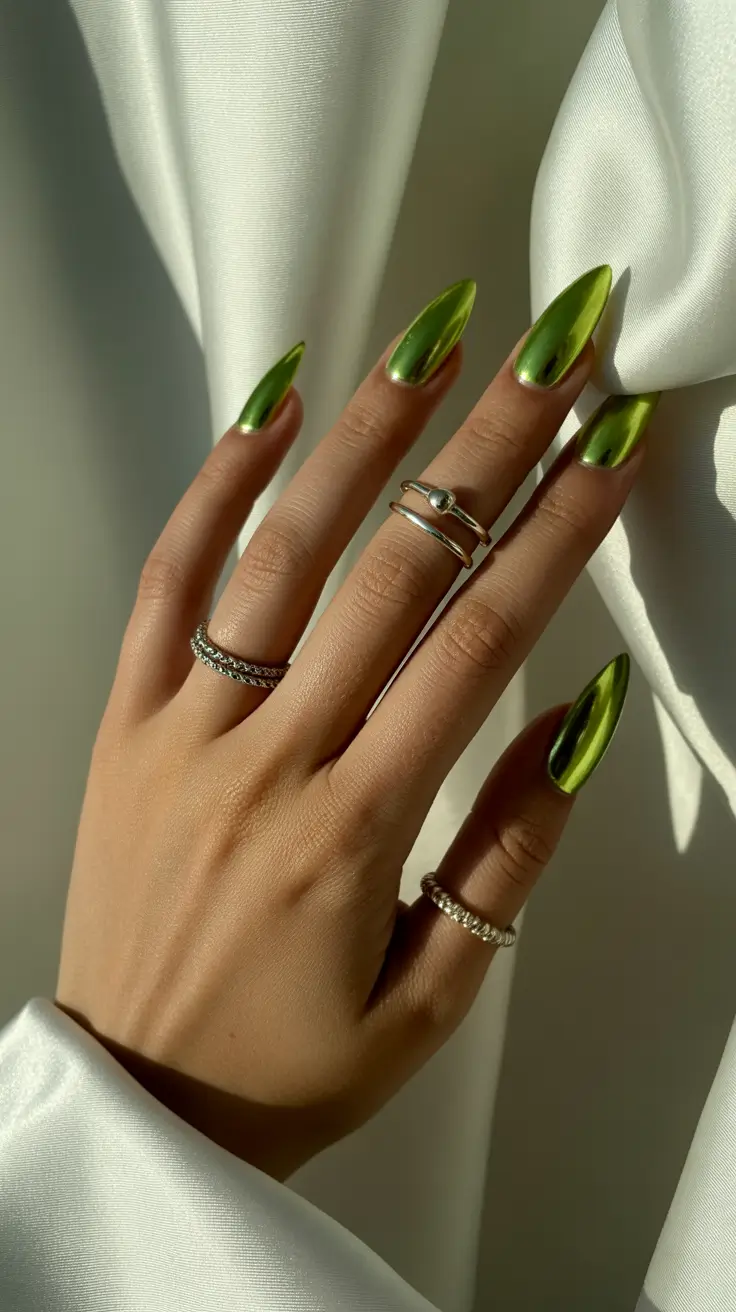 chrome spring nails 2026 Olive Green Mirror Chrome Almond