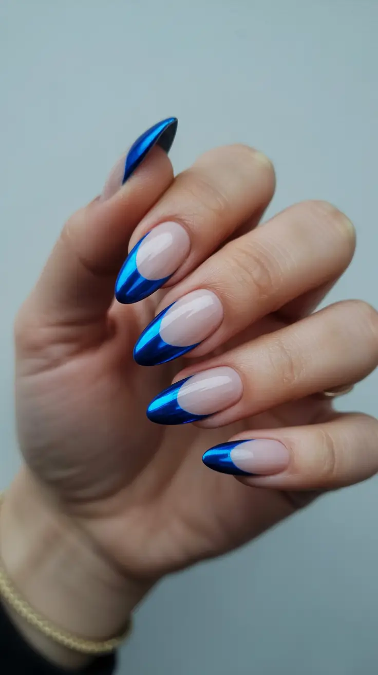 chrome spring nails 2026 Electric Blue Chrome French Almond