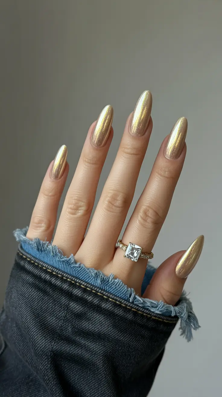 chrome spring nails 2026 Champagne Gold Chrome Almond
