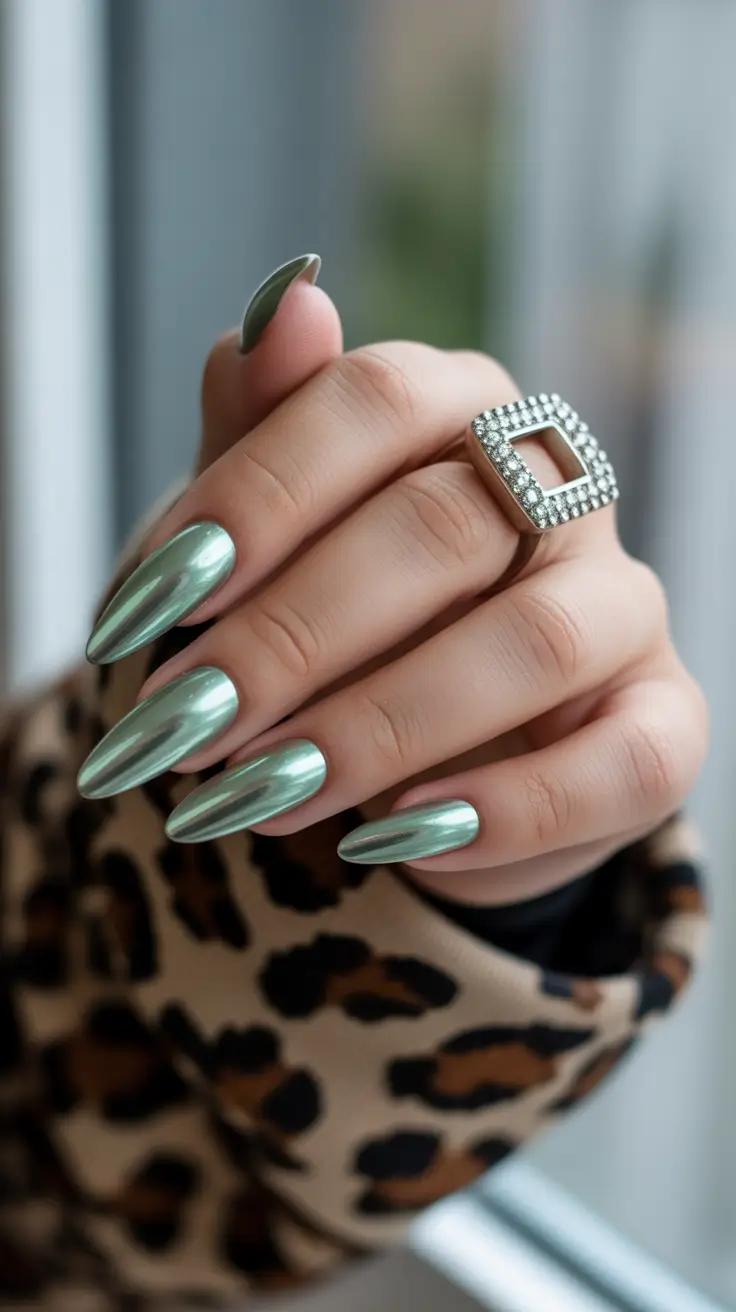 chrome spring nails 2026 Sage Green Chrome Almond