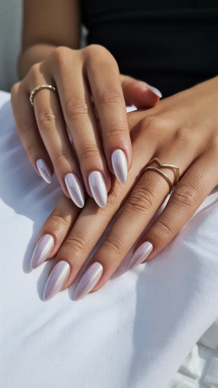 chrome spring nails 2026 Pearl White Chrome Almond