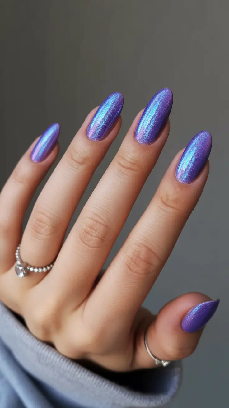 chrome spring nails 2026 Violet Chrome Almond