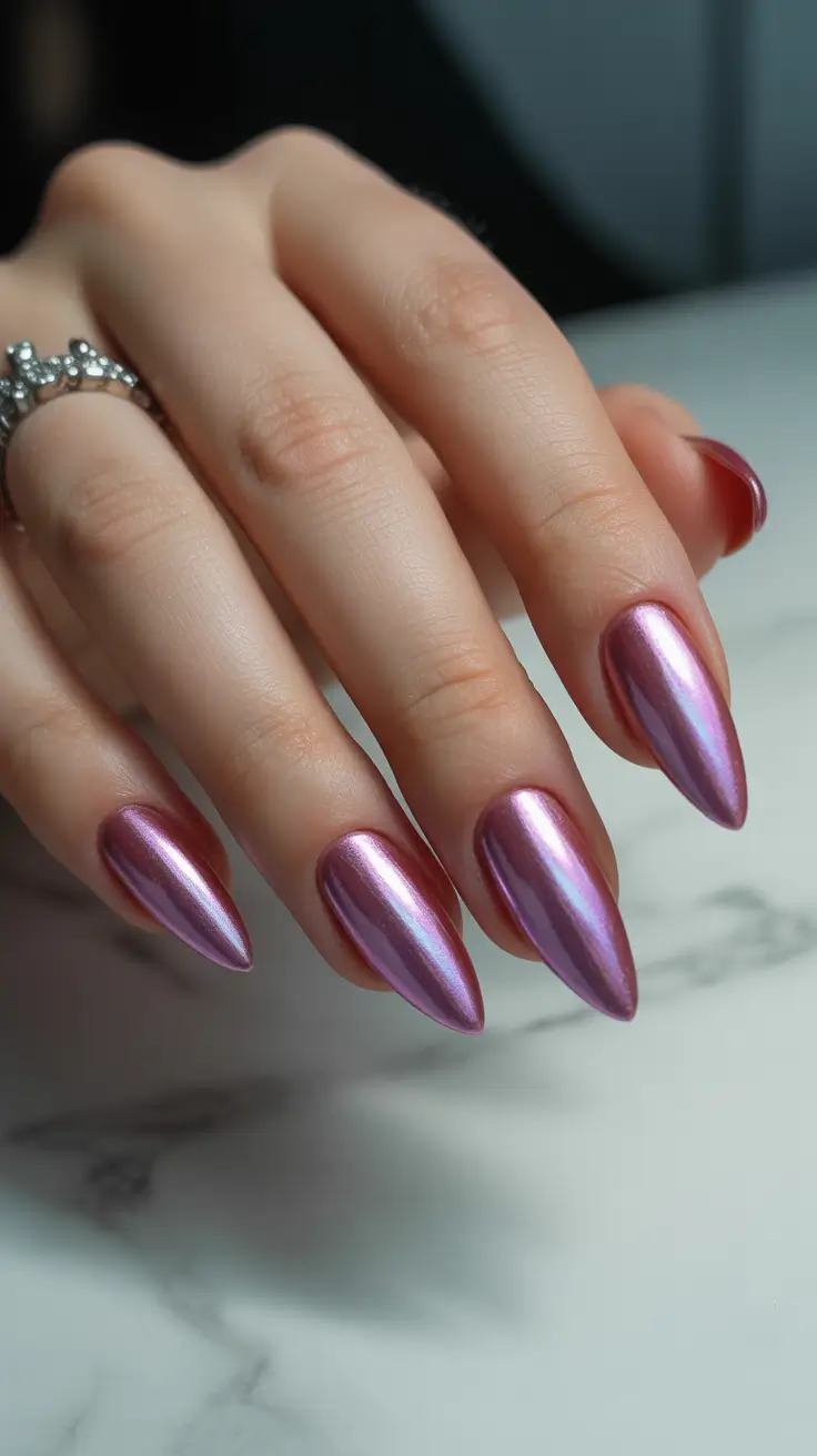 chrome spring nails 2026 Metallic Orchid Chrome Almond