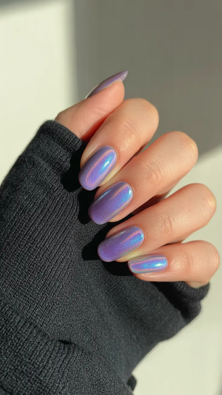 chrome spring nails 2026 Iridescent Lavender Short Chrome