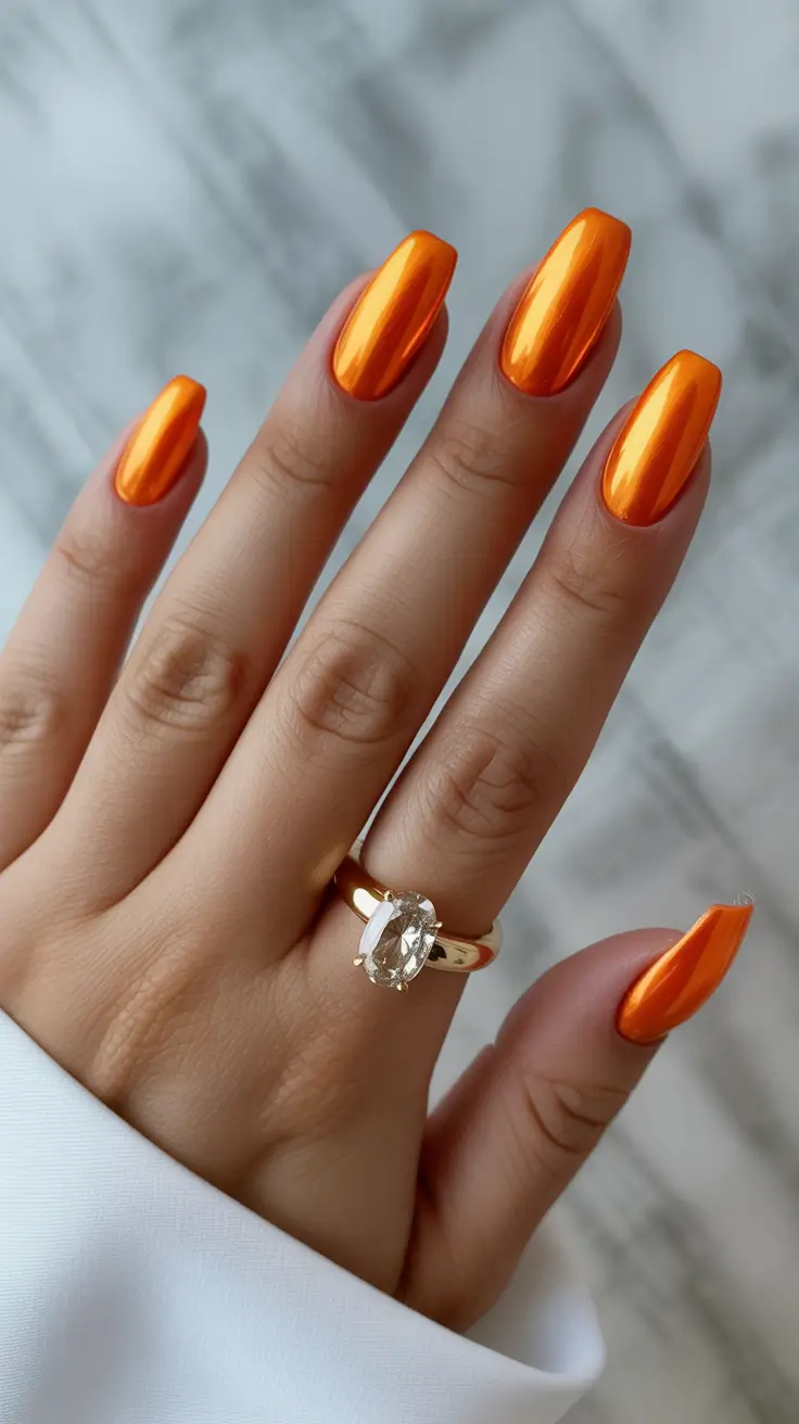 chrome spring nails 2026 High-Shine Tangerine Chrome Statement
