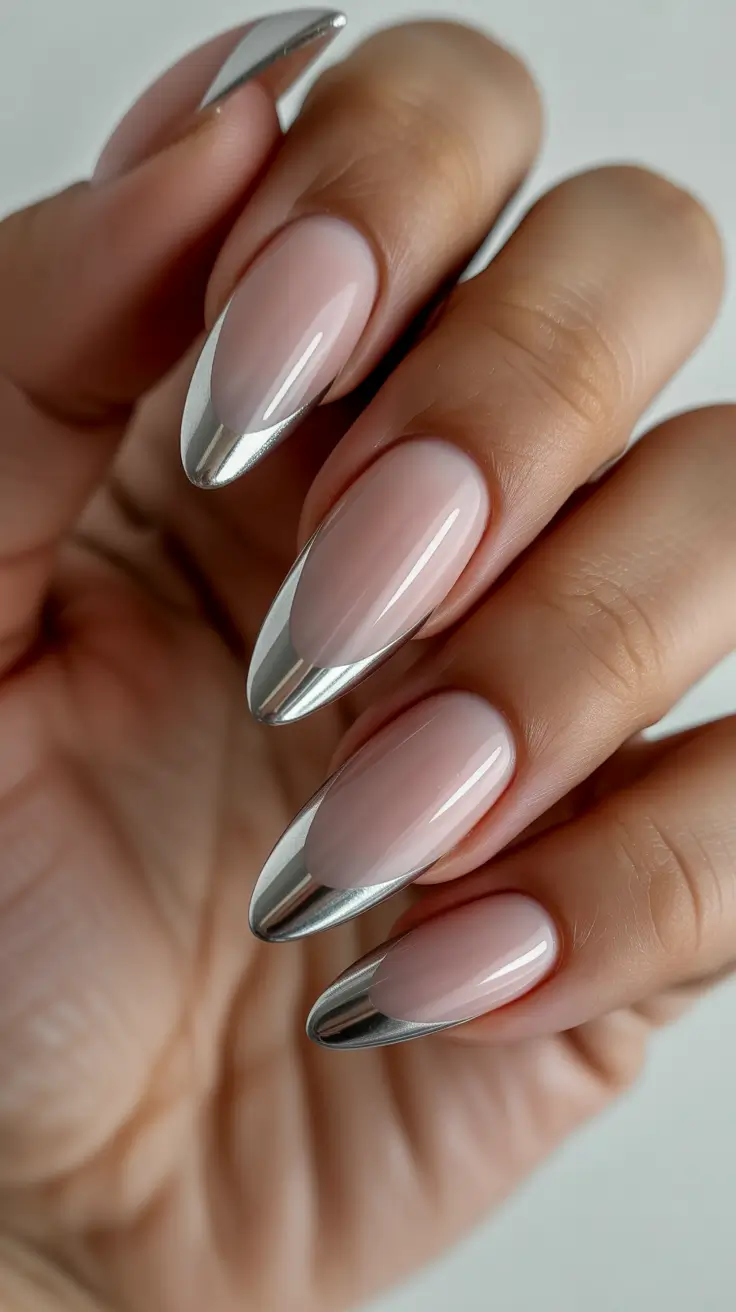 chrome spring nails 2026 Chrome French Almond with Liquid Silver Tips
