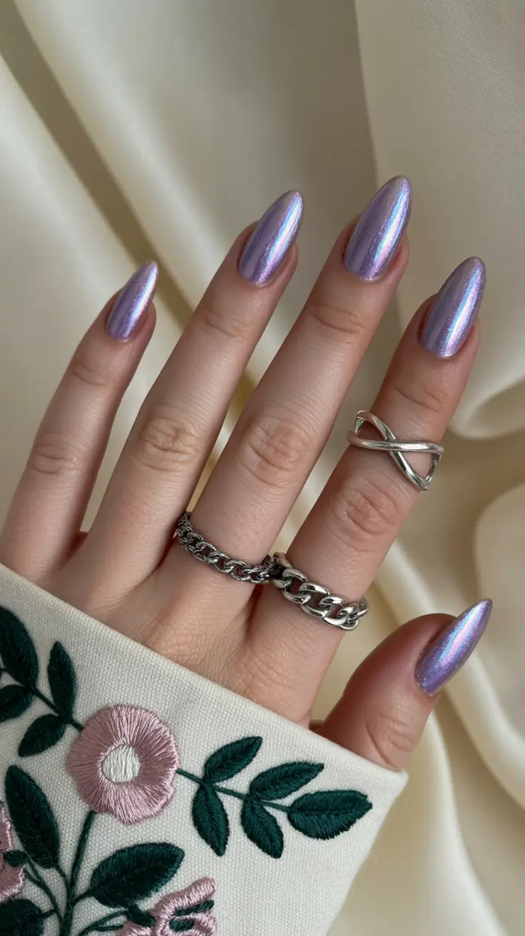 chrome spring nails 2026 Lavender Holographic Chrome Almond