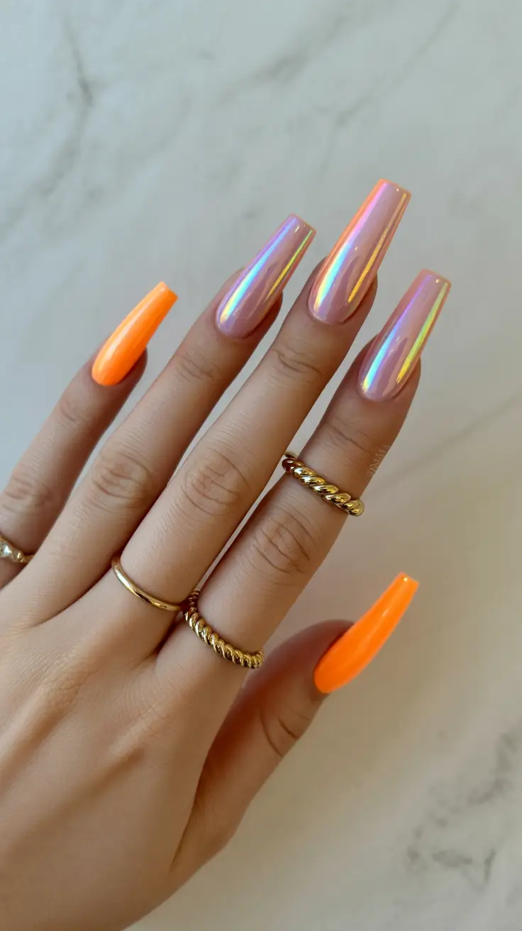chrome spring nails 2026 Peach Chrome Coffin with Neon Accent