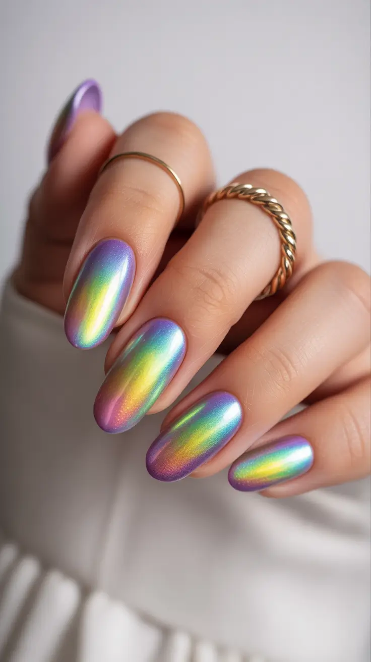 best classy spring nails 2026 Iridescent Rainbow Almond Glow