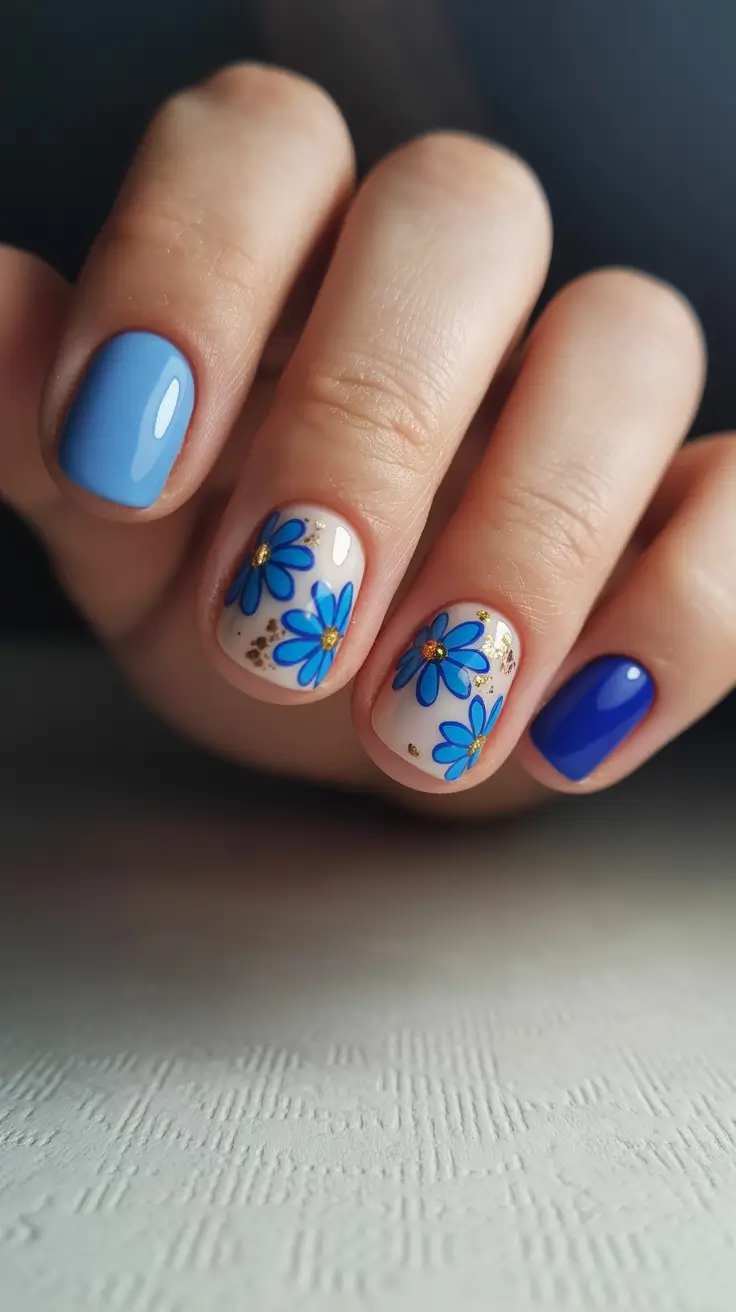 best classy spring nails 2026 Blooming Blue Short Floral