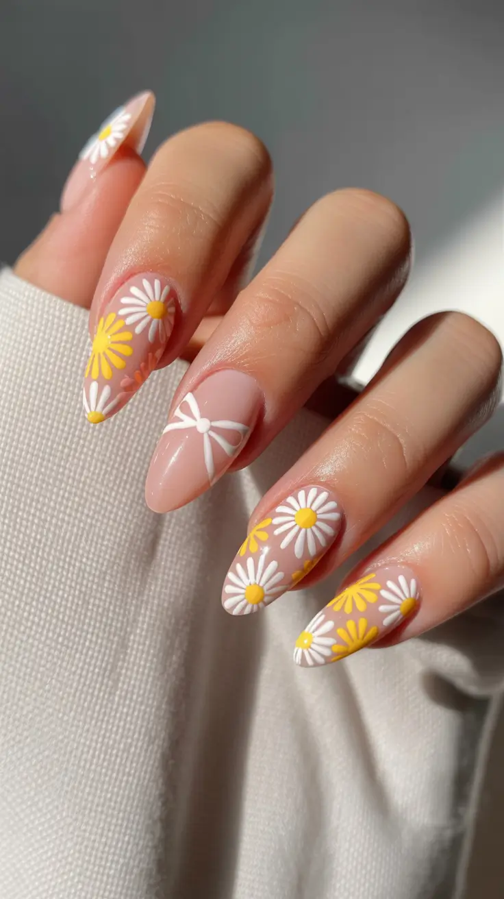 best classy spring nails 2026 Daisy Meadow Almond Florals