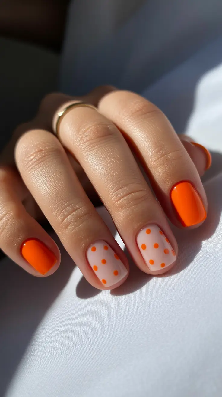 best classy spring nails 2026 Bright Citrus Polka Short Square