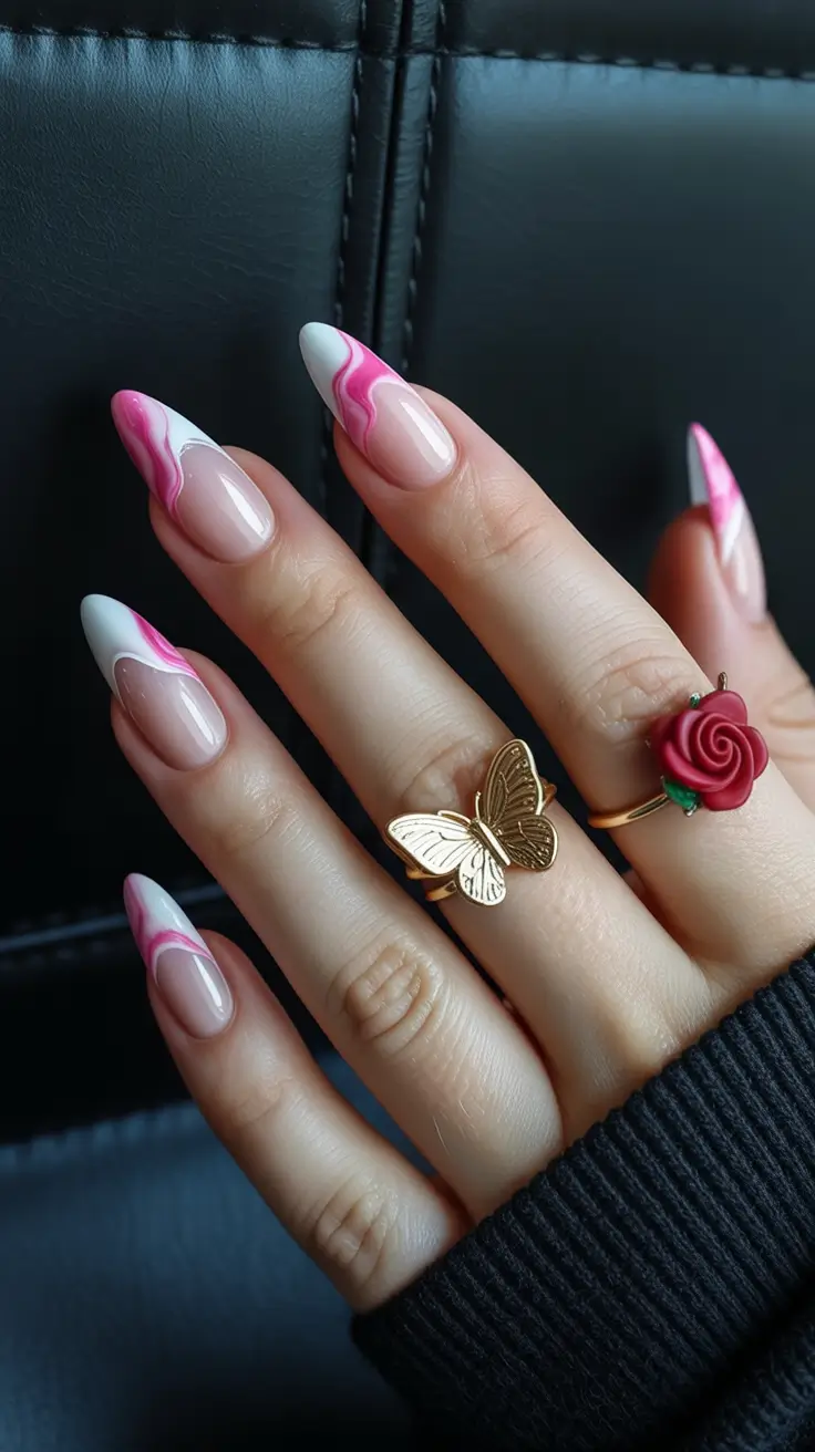 best classy spring nails 2026 Pink Marble Waves on Almond Tips
